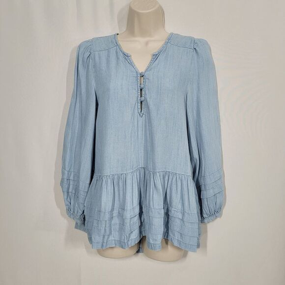 American Eagle Blue Chambray Denim Flowy Ruffle Blouse Size X-Small - Picture 1 of 8